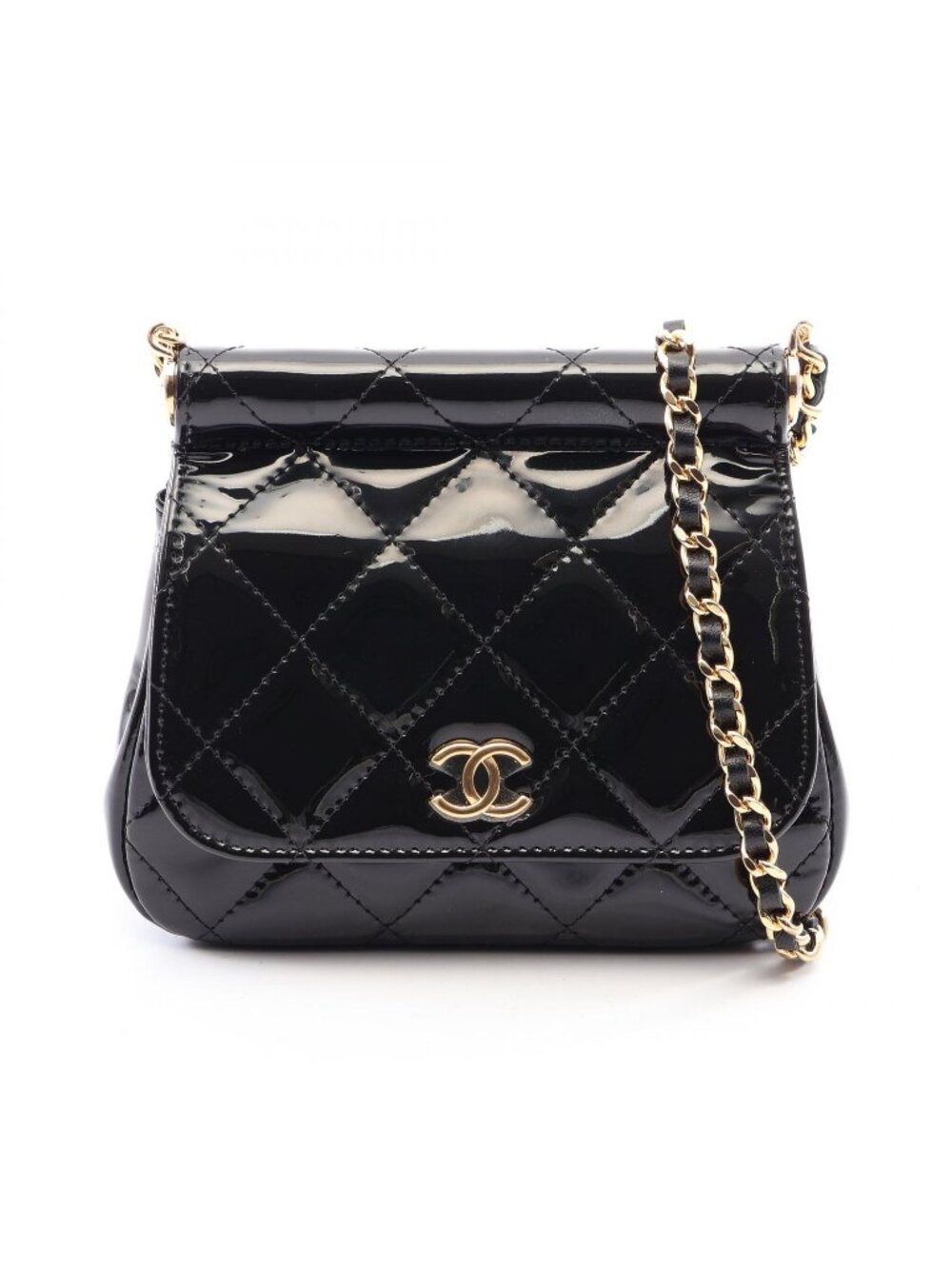 Chanel Shoulder Bag Quilted Small Black Patent Leather Chain